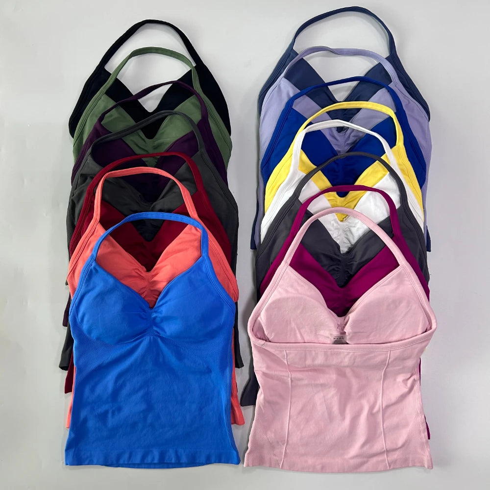 Impact Longline Strappy Gym Top Custom Logo Backless Gym Clothes Women Scrunch Built-in Bra With Removable Cups Yoga Tank Tops