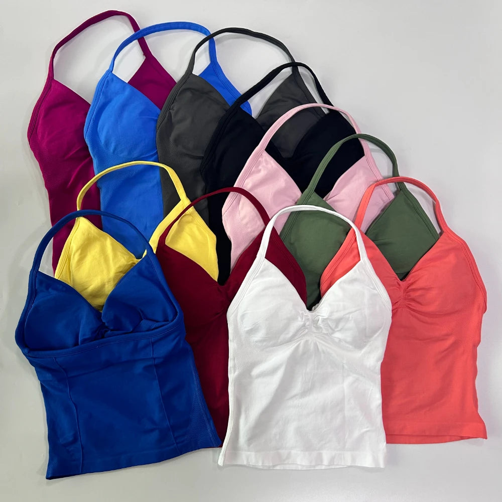 Impact Longline Strappy Gym Top Custom Logo Backless Gym Clothes Women Scrunch Built-in Bra With Removable Cups Yoga Tank Tops