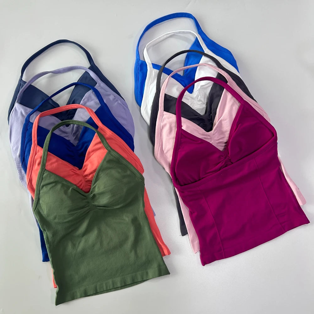Impact Longline Strappy Gym Top Custom Logo Backless Gym Clothes Women Scrunch Built-in Bra With Removable Cups Yoga Tank Tops